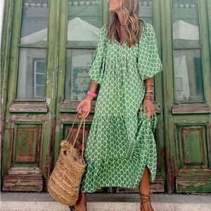 NWOT Women Boho Green Puff Sleeve Beach Tiered Maxi Dress M